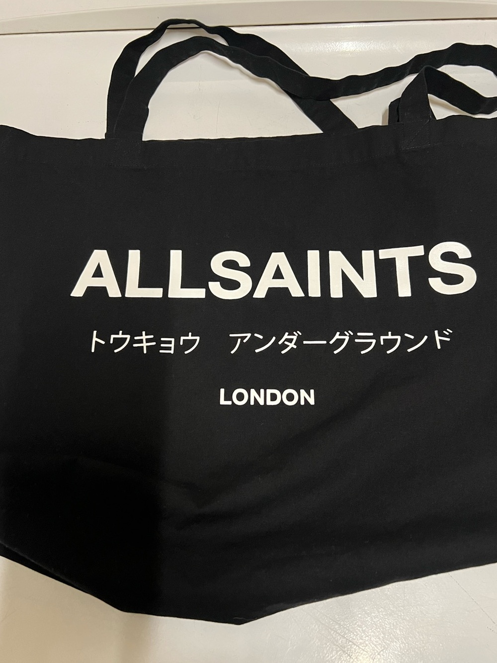AllSaints Black Canvas Logo Tote with White Print